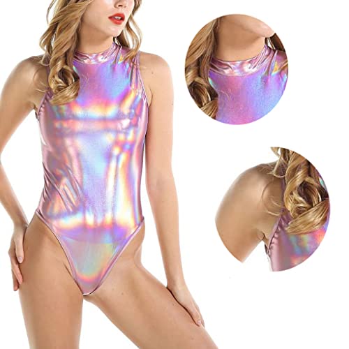 NewBull Lencería Mujeres Brillante Metálico Body con Cuello Alto para Mujer Leotardo Sexy Cremallera Bodysuit Una Pieza Sin Mangas Maillot Danza Ballet Iridiscente Metalizado Talla única