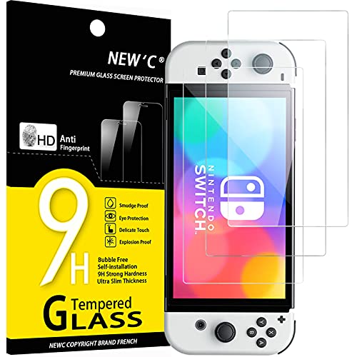 NEW'C 3 Piezas, Protector Pantalla para Nintendo Switch (modèle OLED), Cristal templado Antiarañazos, Antihuellas, Sin Burbujas, Dureza 9H, 0.33 mm Ultra Transparente, Ultra Resistente