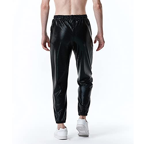 NewL Pantalones deportivos metálicos plateados brillantes para hombre, estilo hip hop, para discoteca, fiesta, festival, baile de graduación, ropa de calle, Negro, M