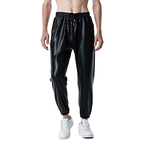 NewL Pantalones deportivos metálicos plateados brillantes para hombre, estilo hip hop, para discoteca, fiesta, festival, baile de graduación, ropa de calle, Negro, M