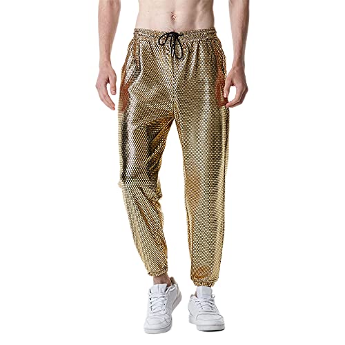 NewL Pantalones deportivos metálicos plateados brillantes para hombre, estilo hip hop, para discoteca, fiesta, festival, baile de graduación, ropa de calle, dorado, XL