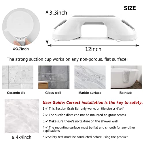 Newthinking Agarraderas de Baño con Ventosa y Indicator, 12 INCH Asa de Seguridad para Baño con Ventosas para Mayores Barra de Agarre para Discapacitados Niños, 1 Pieza(Gris Claro)