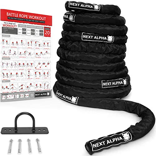 Next Alpha Battle Rope - Cuerde de Batalla - 38mm/50mm, 9m/12m/15m - Funda de Protección - Anclaje a La Pared