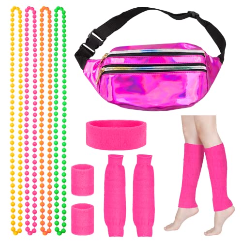 Niaetuto Disfraz Años 80,Accesorios Disfraz Años 80 Mujer,Disfraces de Los 80 Para Mujer,Riñonera Mujer,Venda,Correas de Mano,Cubre Pies Para 80s Accesorios de Disfraces Fiestas Neon