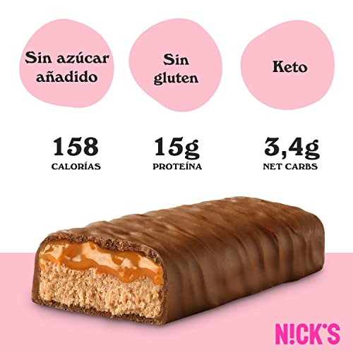 NICKS Barrita Proteinas Keto Caramelo | 14g Proteína | 158 Calorías | Low Carb Protein Bar Chocolate Snacks Sin Azúcares Añadidos Sin Gluten (12 Barras Proteicas x 50g)