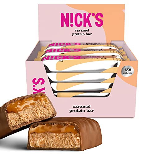 NICKS Barrita Proteinas Keto Caramelo | 14g Proteína | 158 Calorías | Low Carb Protein Bar Chocolate Snacks Sin Azúcares Añadidos Sin Gluten (12 Barras Proteicas x 50g)