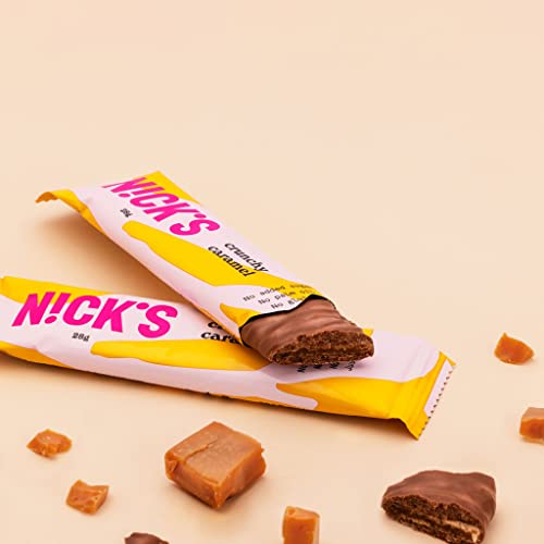 NICKS Crunchy Caramel Barritas Keto Chocolate Caramelo Almendra 88 Calorías,1.8 Carbohidratos Netos, Sin Azúcar Añadida Low Carb Dulces Chocolatinas Sin Gluten (21x28g)