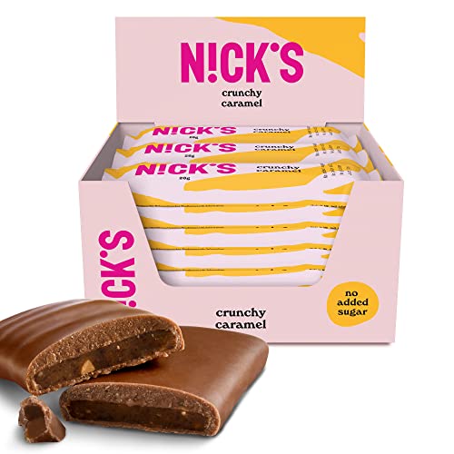 NICKS Crunchy Caramel Barritas Keto Chocolate Caramelo Almendra 88 Calorías,1.8 Carbohidratos Netos, Sin Azúcar Añadida Low Carb Dulces Chocolatinas Sin Gluten (21x28g)