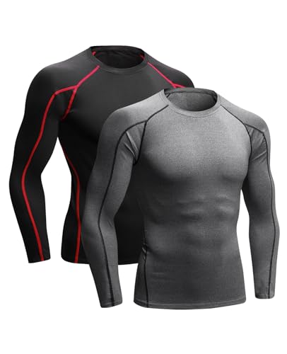 Niksa 2 Piezas Camisetas de Fitness Compresión Ropa Deportiva Manga Larga Hombre para Correr, Ejercicio,Gimnasio 1059 (Small(Fit Chest 34"-36"), (Manga Larga) Gris Negro+Negro Rojo)