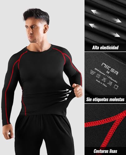 Niksa 2 Piezas Camisetas de Fitness Compresión Ropa Deportiva Manga Larga Hombre para Correr, Ejercicio,Gimnasio 1059 (Small(Fit Chest 34"-36"), (Manga Larga) Gris Negro+Negro Rojo)