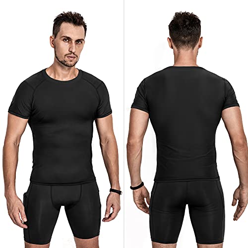 Niksa 3 Piezas Camiseta Compresión Hombre,Deportiva para Hombre Amiseta de Manga Corta Camiseta Entrenamiento Hombre Diseño de Malla Transpirable Secado rápido para Gym,Negro+Gris+Azul Marino,Tamaño L