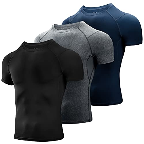 Niksa 3 Piezas Camiseta Compresión Hombre,Deportiva para Hombre Amiseta de Manga Corta Camiseta Entrenamiento Hombre Diseño de Malla Transpirable Secado rápido para Gym,Negro+Gris+Azul Marino,Tamaño L