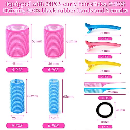 NINGESHOP 54 Piezas Rulos Pelo Grandes, Rizador sin Calor con 24 Bigudies Pelo Autoadhesivas y 24 Pinzas Pelo Peluqueria y 2 Pieza de Peine, ulos para el Pelo Auto Agarre para Salon peluquero