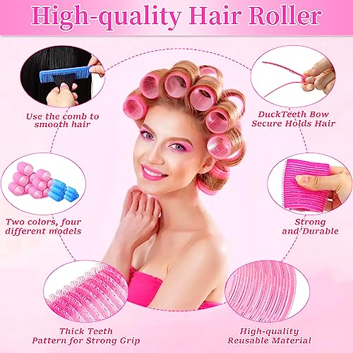 NINGESHOP 54 Piezas Rulos Pelo Grandes, Rizador sin Calor con 24 Bigudies Pelo Autoadhesivas y 24 Pinzas Pelo Peluqueria y 2 Pieza de Peine, ulos para el Pelo Auto Agarre para Salon peluquero