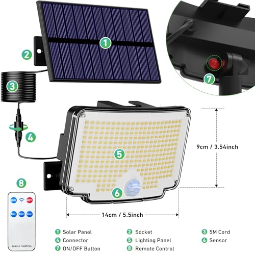 nipify Focos Exterior Solares,【310 LED/270°Iluminación】 Luz con Sensor de Movimiento, 6500K, IP65 Luz Solar Exterior Jardin Lampara Solar con Mando a Distancia para Jardín, Garajes