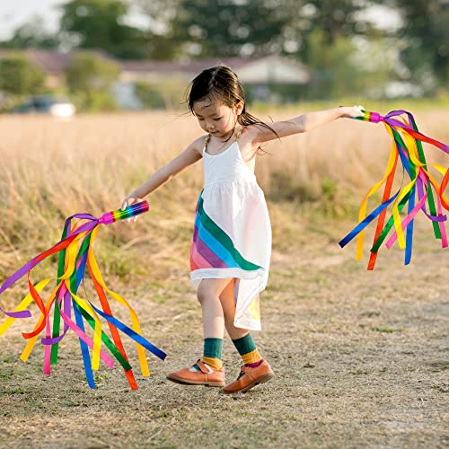 Niuhong 4 Pcs Juguetes Cintas Arco Iris Cinta Arco Iris Mano Serpentinas Anillos Baile Bastón Niños Serpentina Cinta Colorida Arco Iris Actividades Fiesta Jardín Infantes Empuñadura Juego