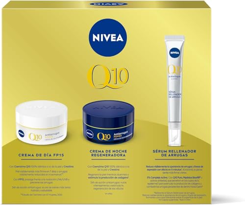 NIVEA Pack Rutina Antiedad Q10 Antiarrugas Power 4 semanas, Caja de regalo con crema de día con FP15 (1 x 50 ml), crema de noche (1 x 50 ml) y sérum concentrado (1 x 15 ml)