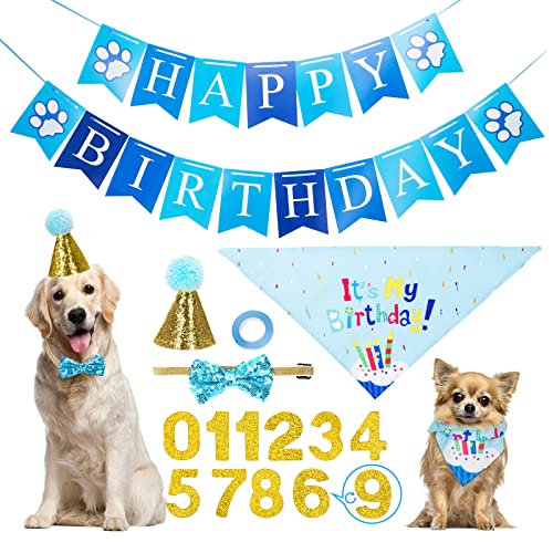 Nobleza - Set de Cumpleaños para Mascotas, Triángulo de Pañuelo de Cumpleaños para Perros,Sombrero Pañuelo Banner de Cumpleaños para Perros, para La Decoración de La Fiesta de Cumpleaños de Mascotas