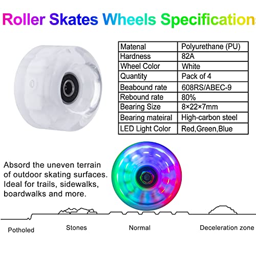 nonmon 4Pcs Ruedas Luminosas de Patines Cuatro Skateboard 58mm 82A, Luces LED PU Wheel con Rodamientos 608RS ABEC-9 Cojinetes, Requesto Set para Patines en Paralelo Quad Skates Monopatín - Colorido