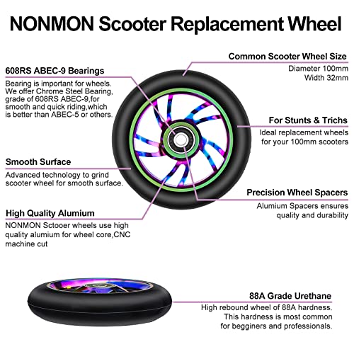 NONMON Ruedas de Patinete Scooter 100 mm, 2 Piezas PU Ruedas de Repuesto con Rodamientos ABEC 9 para Stunt Scooter Freestyle Profesionales Clásicos Patinete de Acrobacias Trucos, Unisex Adulto