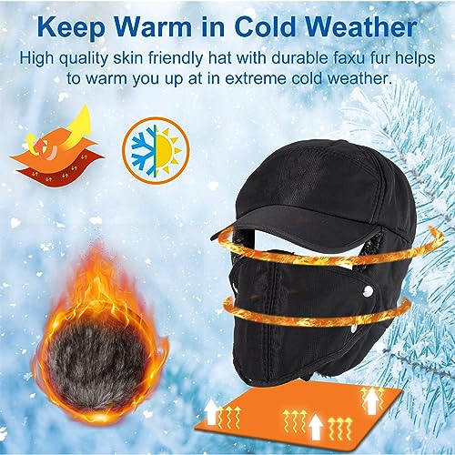 nonmon Sombrero de Trampero Unisex Invierno, Hombre Mujer Gorros de Aviador Caliente Ruso Bombardero con Orejeras y Cara Protector Desmontable, Prueba de Viento Impermeable para Esquí Aire Libre