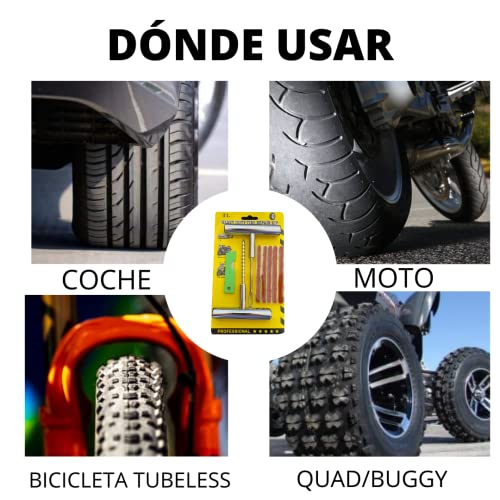 NOOGUI Kit Antipinchazos Coche, Arreglo en 15 min, Repara Pinchazos Coche, Moto, Valido para Todo Tipo de neumáticos, Compuesto por 5 Mechas, 2 Herramientas en T y un Cutter