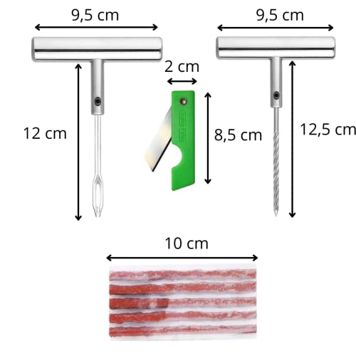 NOOGUI Kit Antipinchazos Coche, Arreglo en 15 min, Repara Pinchazos Coche, Moto, Valido para Todo Tipo de neumáticos, Compuesto por 5 Mechas, 2 Herramientas en T y un Cutter