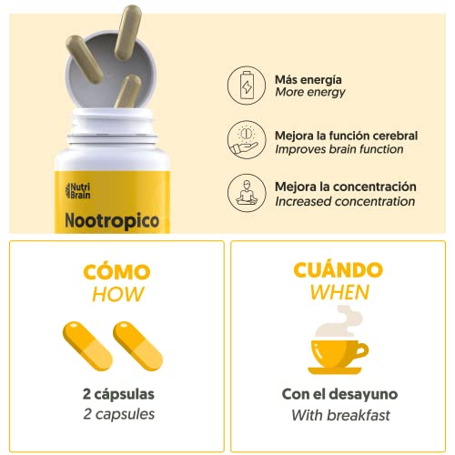 Nootrópico Natural Envase XL 60 Cápsulas | Fórmula para incrementar la energía, concentración y agilidad mental | Cafeína, Ginko Biloba, Tirosina, Teanina, Bacopa Monnieri y Vitaminas