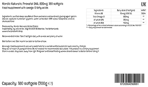 Nordic Naturals, Prenatal DHA, 830mg Omega-3 con EPA y DHA, Alta Dosificación, Sin Sabor, 180 Cápsulas blandas, Testado en Laboratorio, Sin Soja, Sin Gluten, No GMO