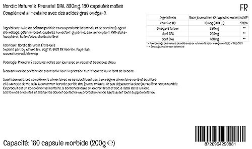 Nordic Naturals, Prenatal DHA, 830mg Omega-3 con EPA y DHA, Alta Dosificación, Sin Sabor, 180 Cápsulas blandas, Testado en Laboratorio, Sin Soja, Sin Gluten, No GMO