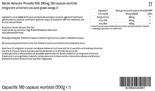 Nordic Naturals, Prenatal DHA, 830mg Omega-3 con EPA y DHA, Alta Dosificación, Sin Sabor, 180 Cápsulas blandas, Testado en Laboratorio, Sin Soja, Sin Gluten, No GMO