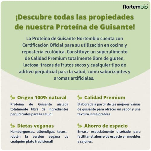 Nortembio Proteína de Guisante Ecológica 350 g. Origen 100% Natural. Proteína de Guisante Aislada sin Gluten, Vegana y sin OGM. Proteína de Guisante en Polvo para Deportistas Profesionales.