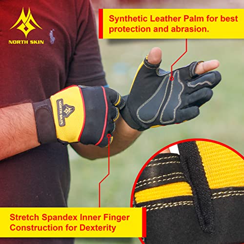 NORTH SKIN Guantes de trabajo de seguridad sin dedos, flexibles, resistentes, pintura de carpintero, antideslizante, protección de palma, guantes de camping para hombres y mujeres (2 medio dedo, S)