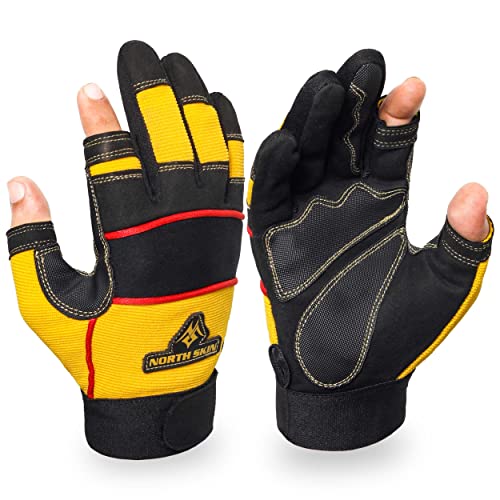 NORTH SKIN Guantes de trabajo de seguridad sin dedos, flexibles, resistentes, pintura de carpintero, antideslizante, protección de palma, guantes de camping para hombres y mujeres (2 medio dedo, S)