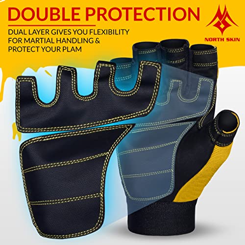 NORTH SKIN Guantes de trabajo de seguridad sin dedos, flexibles, resistentes, pintura de carpintero, antideslizante, protección de palma, guantes de camping para hombres y mujeres (2 medio dedo, S)