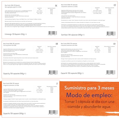 Now Foods, BCAA (Aminoácidos de Cadena Ramificada), 120 Cápsulas veganas, Aminoácidos de Cadena Ramificada, Testado en Laboratorio, Sin Gluten, Vegetariano, Sin Soja, no GMO