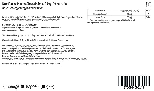 Now Foods Double Strength Iron, 36mg, Bisglicinato de Hierro, Depot, Dosis Alta, 1 cápsula cada 2 días, 90 Cápsulas Veganas, Testado en Laboratorio, Vegetariano, Sin Gluten, Sin Soja, No GMO