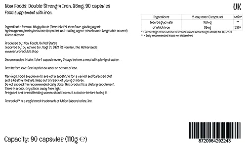 Now Foods Double Strength Iron, 36mg, Bisglicinato de Hierro, Depot, Dosis Alta, 1 cápsula cada 2 días, 90 Cápsulas Veganas, Testado en Laboratorio, Vegetariano, Sin Gluten, Sin Soja, No GMO