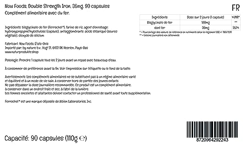 Now Foods Double Strength Iron, 36mg, Bisglicinato de Hierro, Depot, Dosis Alta, 1 cápsula cada 2 días, 90 Cápsulas Veganas, Testado en Laboratorio, Vegetariano, Sin Gluten, Sin Soja, No GMO
