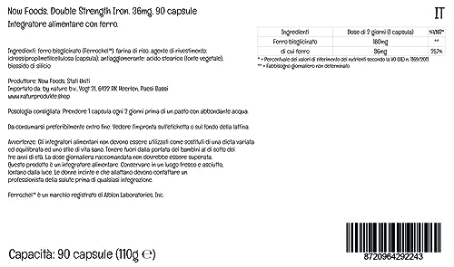 Now Foods Double Strength Iron, 36mg, Bisglicinato de Hierro, Depot, Dosis Alta, 1 cápsula cada 2 días, 90 Cápsulas Veganas, Testado en Laboratorio, Vegetariano, Sin Gluten, Sin Soja, No GMO