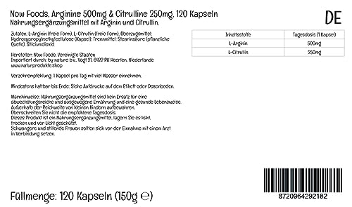 Now Foods L-Arginina & L-Citrulina, 500mg/250mg, 120 Cápsulas veganas, Aminoácidos, Vegetariano, Testado en laboratorio, Sin gluten, Sin soja, Sin OGM