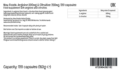 Now Foods L-Arginina & L-Citrulina, 500mg/250mg, 120 Cápsulas veganas, Aminoácidos, Vegetariano, Testado en laboratorio, Sin gluten, Sin soja, Sin OGM