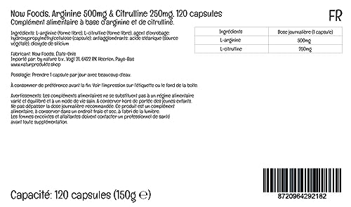 Now Foods L-Arginina & L-Citrulina, 500mg/250mg, 120 Cápsulas veganas, Aminoácidos, Vegetariano, Testado en laboratorio, Sin gluten, Sin soja, Sin OGM