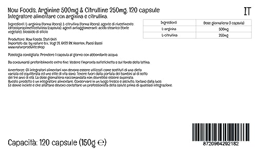 Now Foods L-Arginina & L-Citrulina, 500mg/250mg, 120 Cápsulas veganas, Aminoácidos, Vegetariano, Testado en laboratorio, Sin gluten, Sin soja, Sin OGM