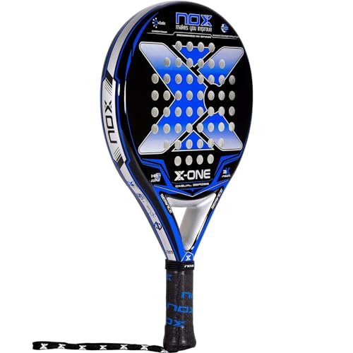 NOX - Pala de Pádel X-One Blue Ex - Superficie Rugosa y Forma Redonda - Material Fibra de Vidrio 3K, Marco 70% Carbono y Goma HR3 - Nivel Intermedio - Peso 360-370 gr - Ancho 38mm - Color Azul