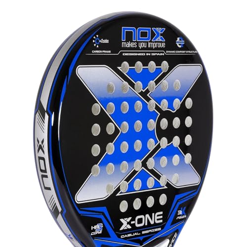 NOX - Pala de Pádel X-One Blue Ex - Superficie Rugosa y Forma Redonda - Material Fibra de Vidrio 3K, Marco 70% Carbono y Goma HR3 - Nivel Intermedio - Peso 360-370 gr - Ancho 38mm - Color Azul