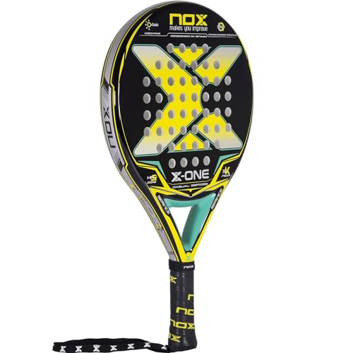 NOX - Pala de Pádel X-One Yellow/Green Ex - Superficie Rugosa y Forma Redonda - Fibra de Vidrio 3K Ambas Caras y Goma HR3 - Nivel Intermedio - Peso 360-370 gr - Ancho 38mm - Color Amarillo