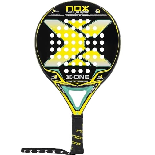 NOX - Pala de Pádel X-One Yellow/Green Ex - Superficie Rugosa y Forma Redonda - Fibra de Vidrio 3K Ambas Caras y Goma HR3 - Nivel Intermedio - Peso 360-370 gr - Ancho 38mm - Color Amarillo