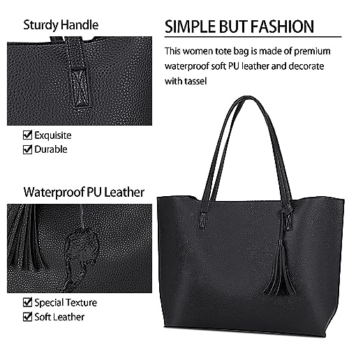 NUBILY Bolsos de Mujer Bolso Mujer Bolso Shopper Grandes Mujer Cuero PU Tote Bag para Universitarias Borla Bolsa de Playa Impermeable 2Pcs Set Negro