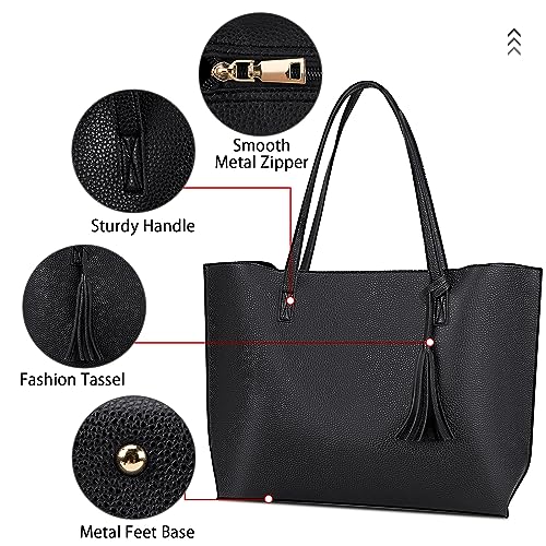 NUBILY Bolsos de Mujer Bolso Mujer Bolso Shopper Grandes Mujer Cuero PU Tote Bag para Universitarias Borla Bolsa de Playa Impermeable 2Pcs Set Negro